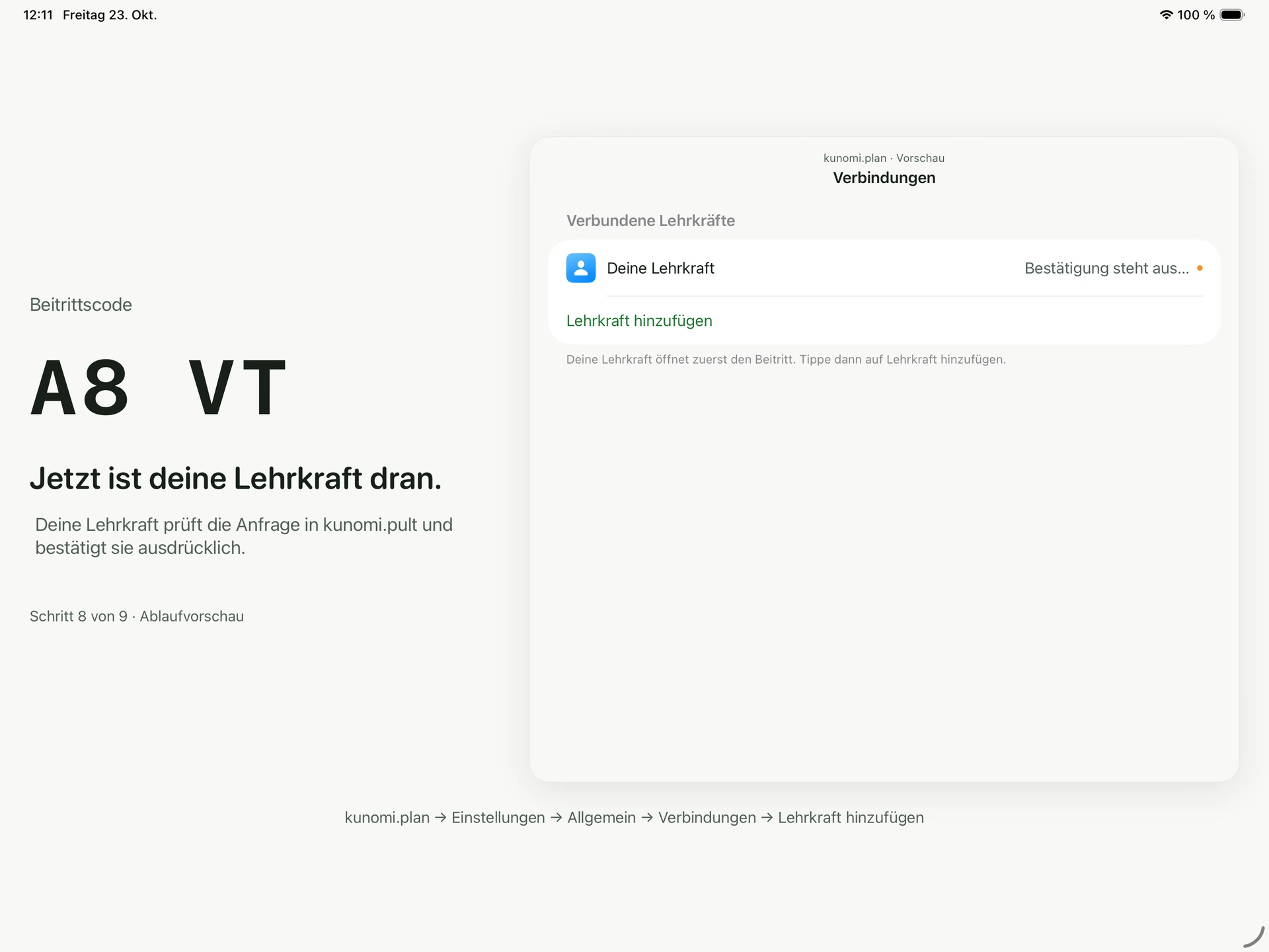 Achte Folie der AirPlay-Verbindungsanleitung aus kunomi.pult: öffentlicher Beitrittscode und Vorschau der ausdrücklichen Bestätigung durch die Lehrkraft