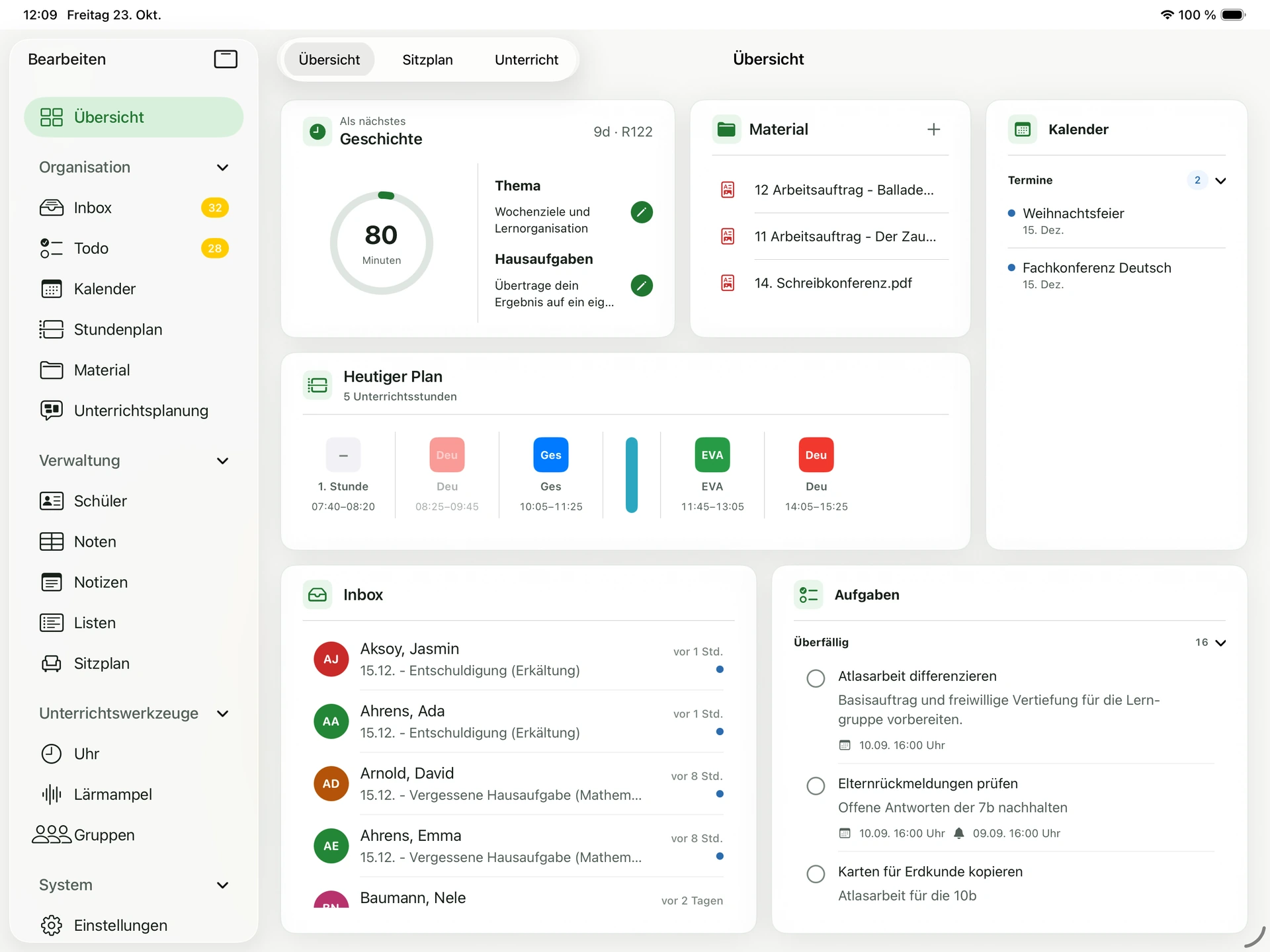 Dashboard von kunomi.pult mit aktueller Stunde, Tagesplan, Aufgaben und Terminen im Demomodus