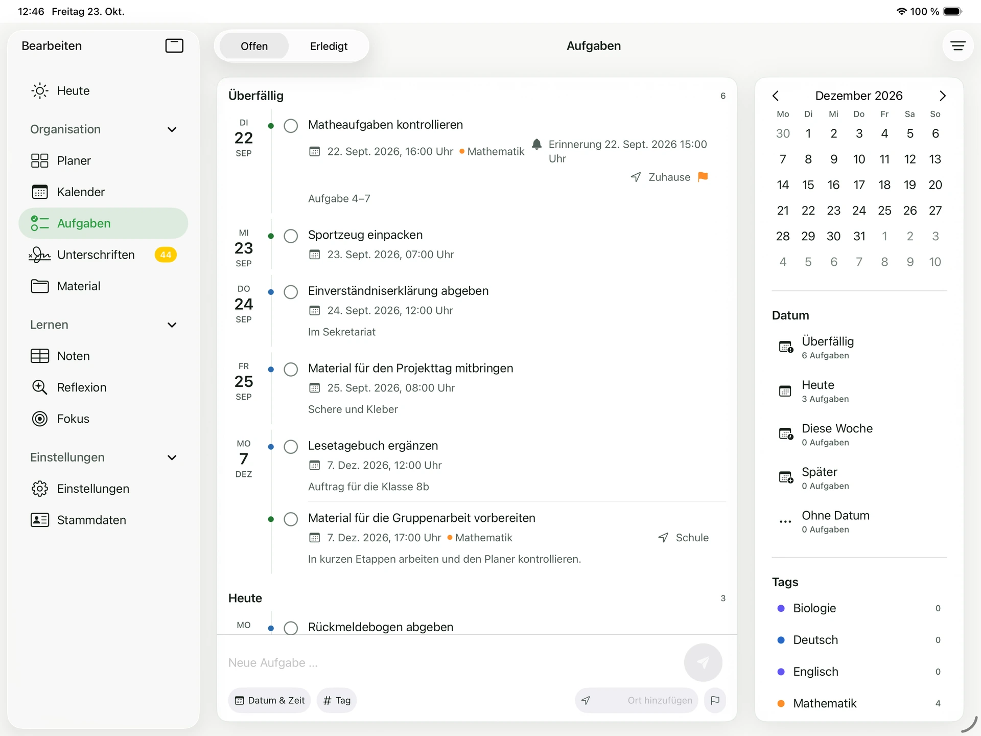 Aufgabenansicht der Schüler-App kunomi.plan mit fiktiven Aufgaben, Fälligkeiten und Kalender