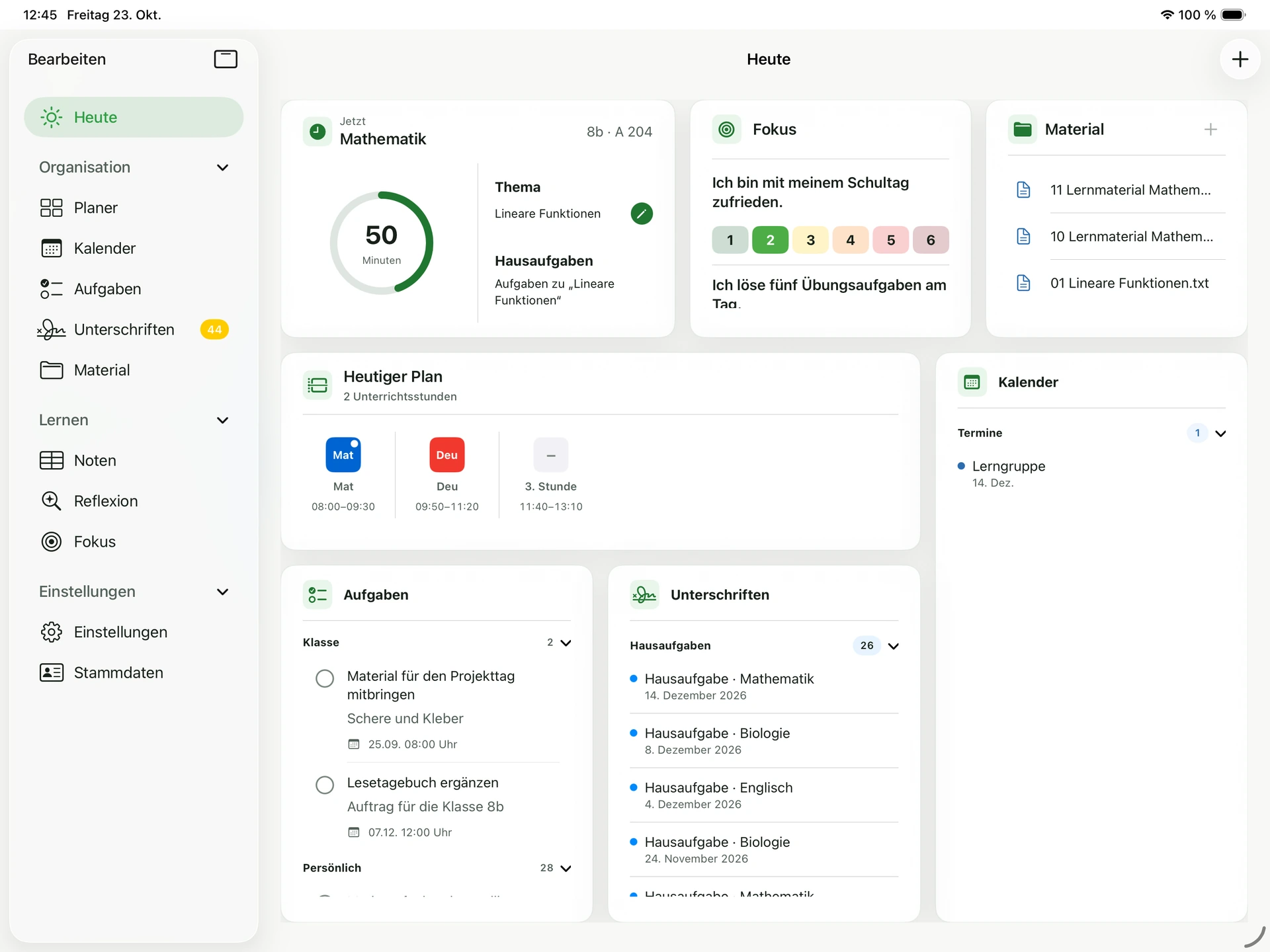 Dashboard der Schüler-App kunomi.plan mit aktueller Unterrichtsstunde, Aufgaben und Terminen im Demomodus