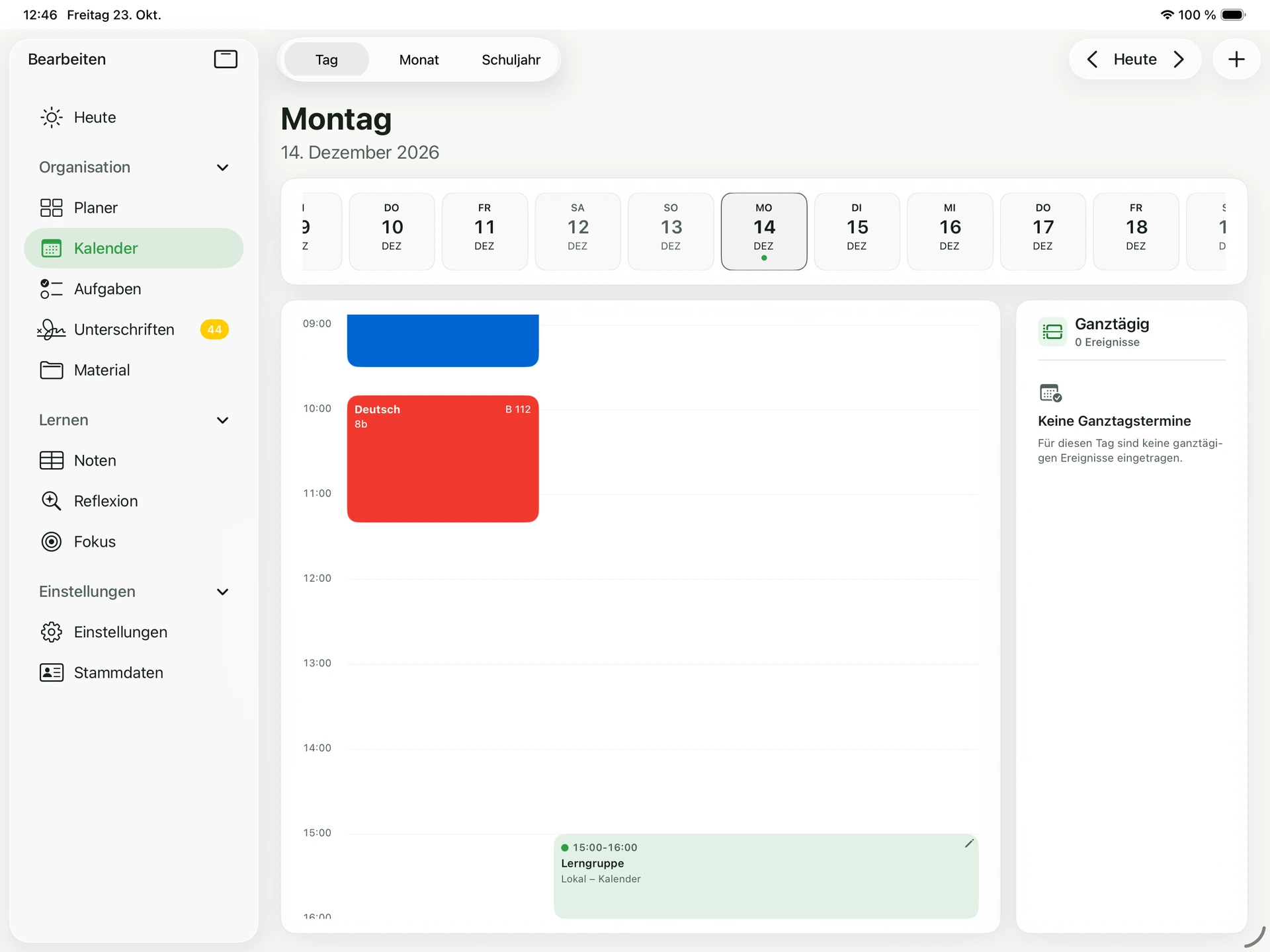 Kalender-Tagesansicht von kunomi.plan mit Stundenplan, Terminen und Tagesauswahl