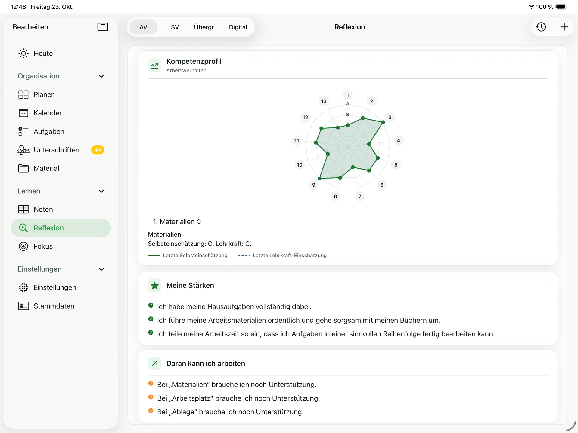Reflexionsansicht der Schüler-App kunomi.plan mit Kompetenzbereichen und einer fiktiven Selbsteinschätzung