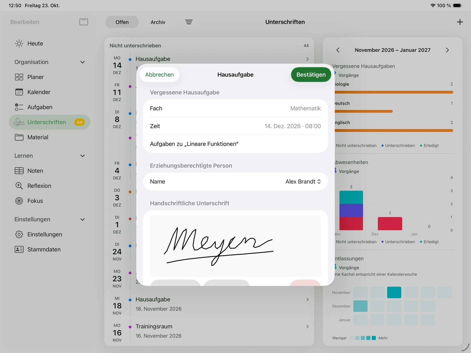 Elternkenntnisnahme in kunomi.plan mit dem fiktiven handschriftlichen Beispielnamen Meyer im noch nicht bestätigten Formular