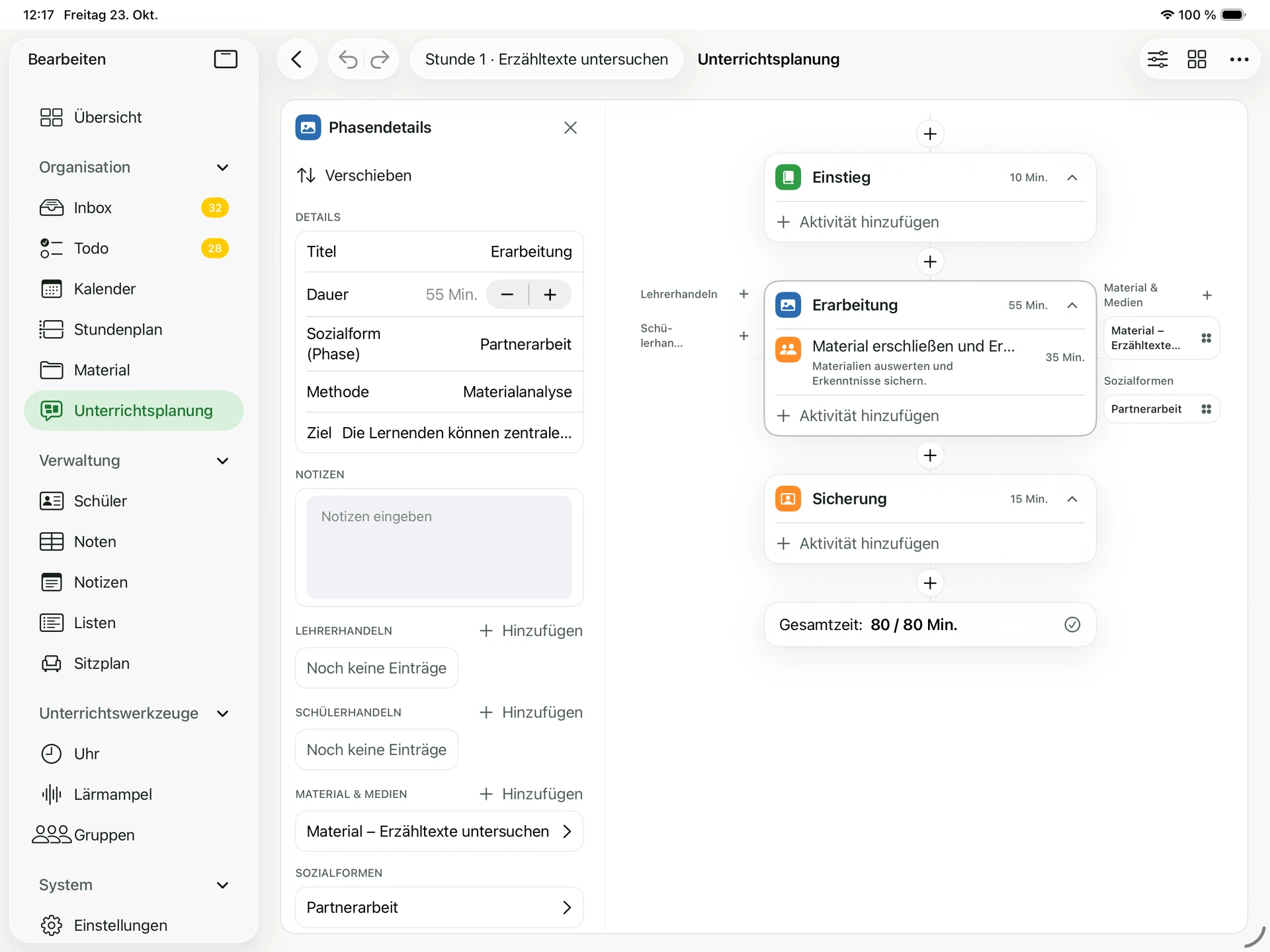 Unterrichtsstunde in kunomi.pult mit ausgewählter Erarbeitung, Aktivitäten, Sozialformen und Medien